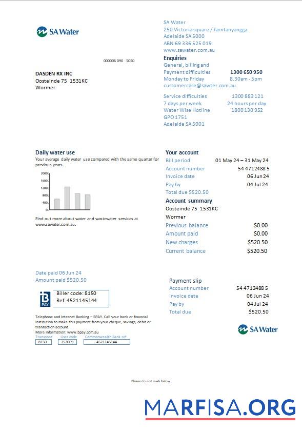 Printable Netherlands SA water business utility bill Word and PDF template